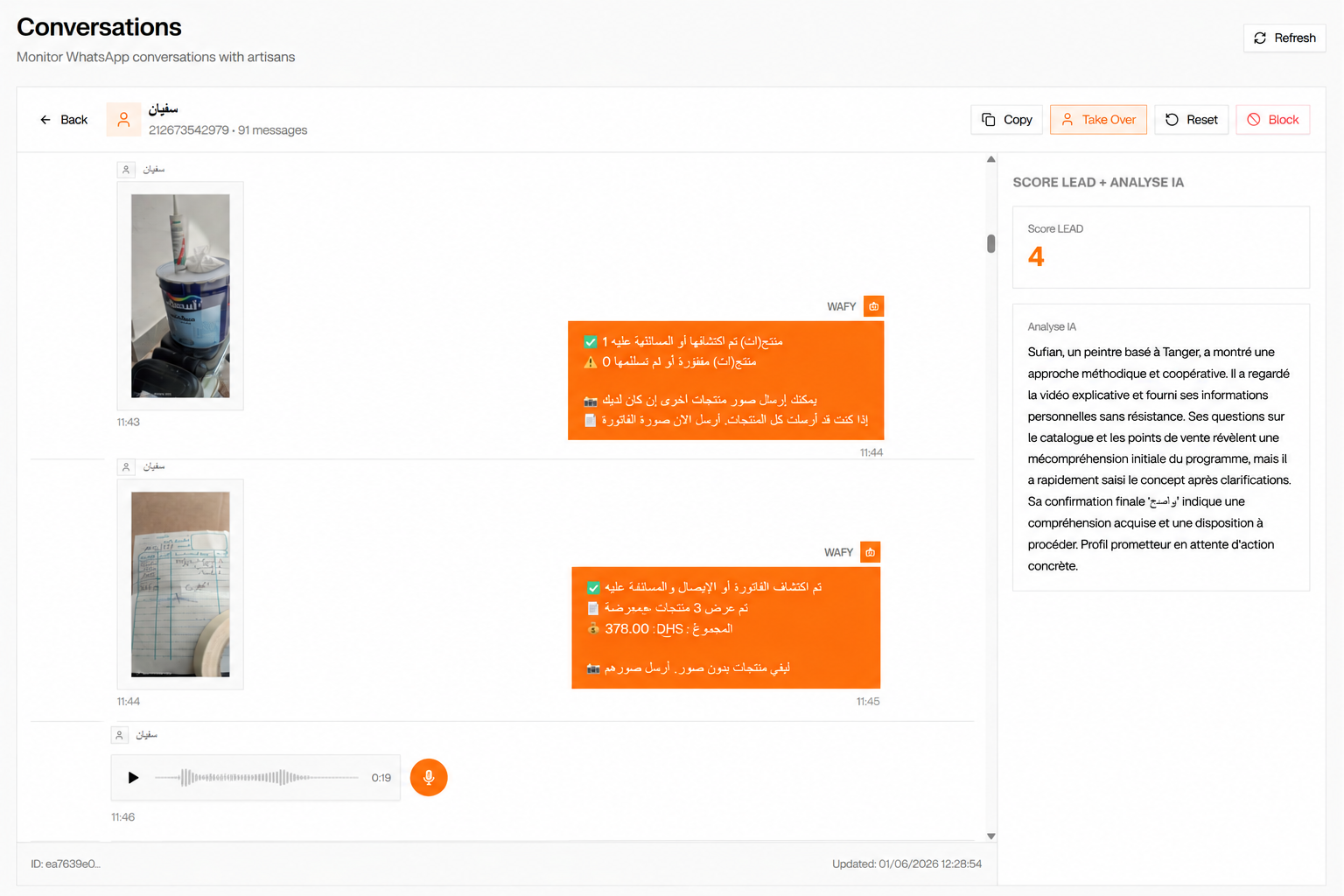 L'IA en discussion avec l'artisan — capture du back-office Wafy