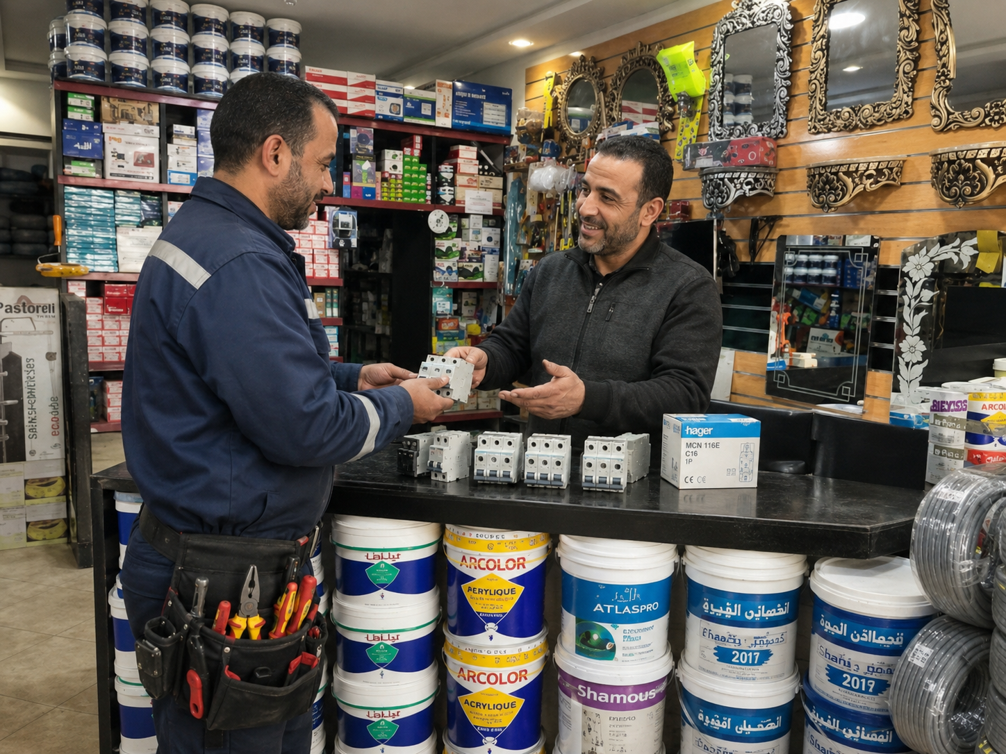 Artisan électricien échangeant avec un commerçant autour de disjoncteurs Hager au comptoir
